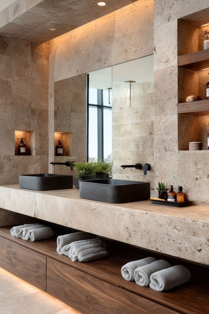 Luxurious Travertine Spa Suite with Matte Black Vessel Sinks and Floating Walnut Cabinetry.