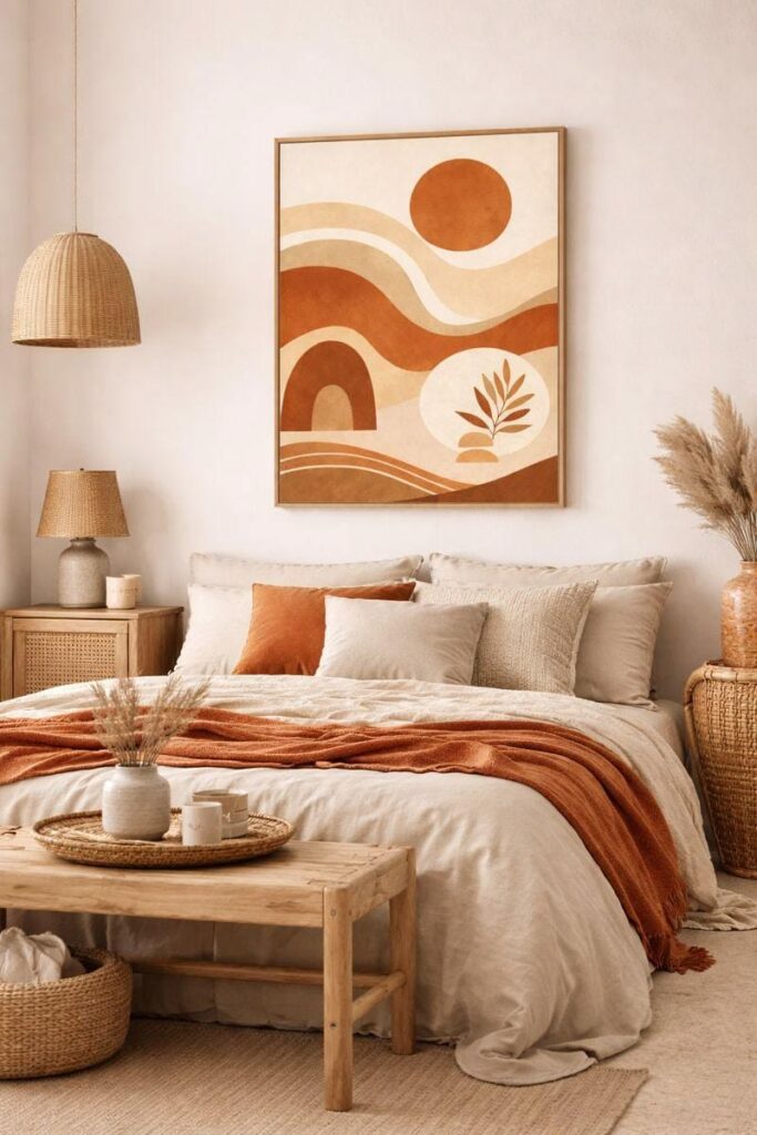 Scandi-Boho Terracotta Sanctuary with Abstract Sunset Wall Art and Natural Rattan Accents.