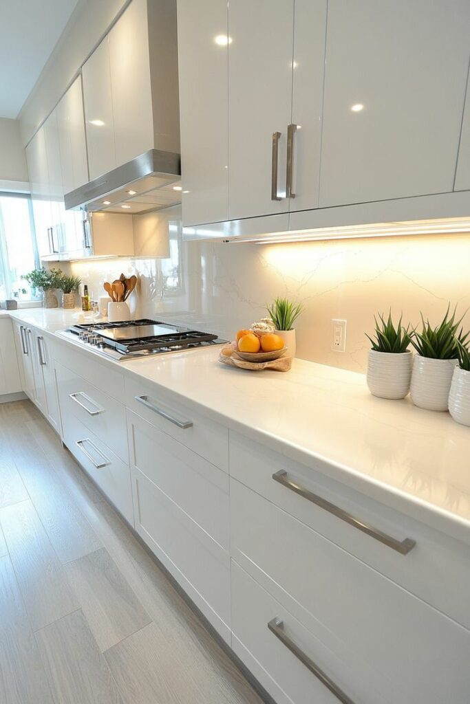 This modern, all-white kitchen features sleek, handle-less high-gloss cabinetry paired with matching white quartz countertops.