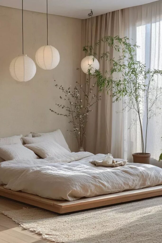 Serene Japandi Sanctuary with Low-Profile Oak Platform Bed and Washi Paper Globe Pendants.
