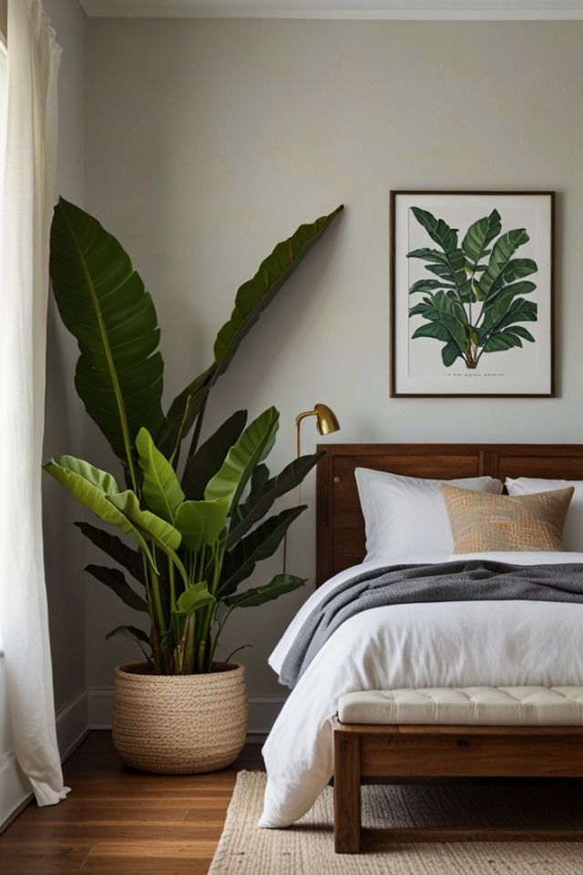 Luxe Organic Modern Bedroom with Floor-to-Ceiling Bird of Paradise and Botanical Wall Art.