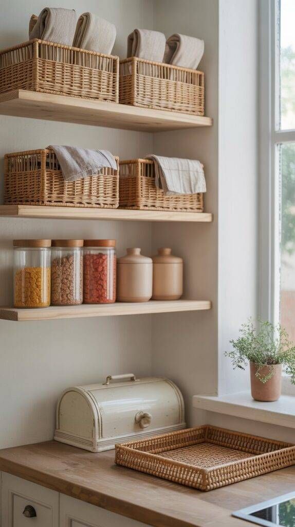 A cozy kitchen corner featuring minimalist wooden open shelving organized with wicker baskets, glass canisters filled with grains, and a vintage-style cream bread box on a light wood countertop.