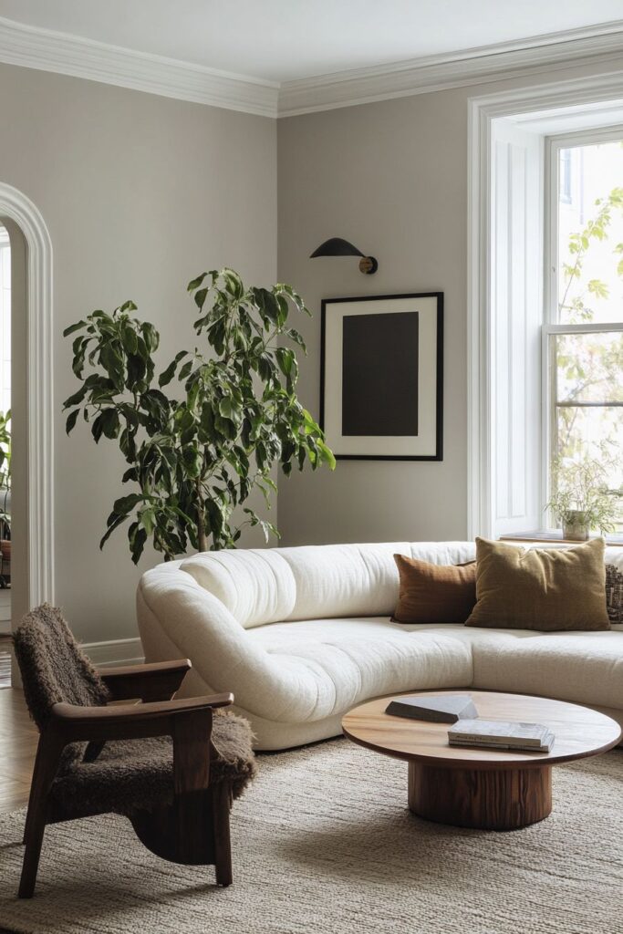 Luxe Organic Modern Living Space with Curved Bouclé Sectional and Sculptural Walnut Coffee Table.
