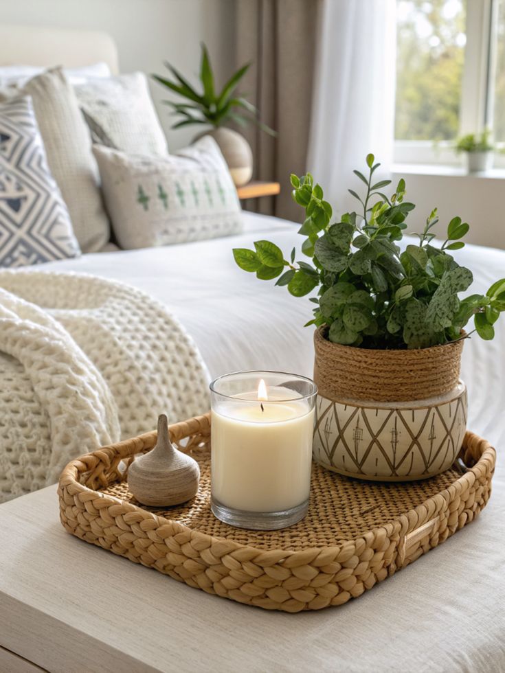  Serene Coastal Bedroom Sanctuary with Woven Rattan Tray and Fresh Eucalyptus Accent.