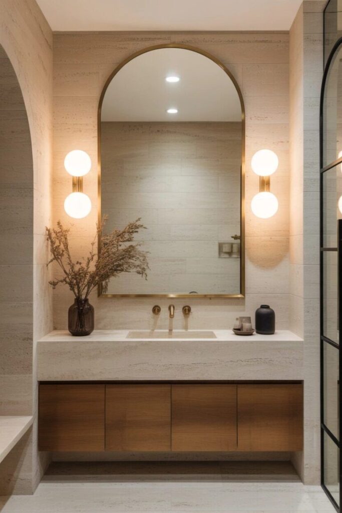 1e32f32e0a084e1eb19da7512379d14d Modern Travertine Bathroom Suite with Arched Brass Mirror and Double Globe Sconces.