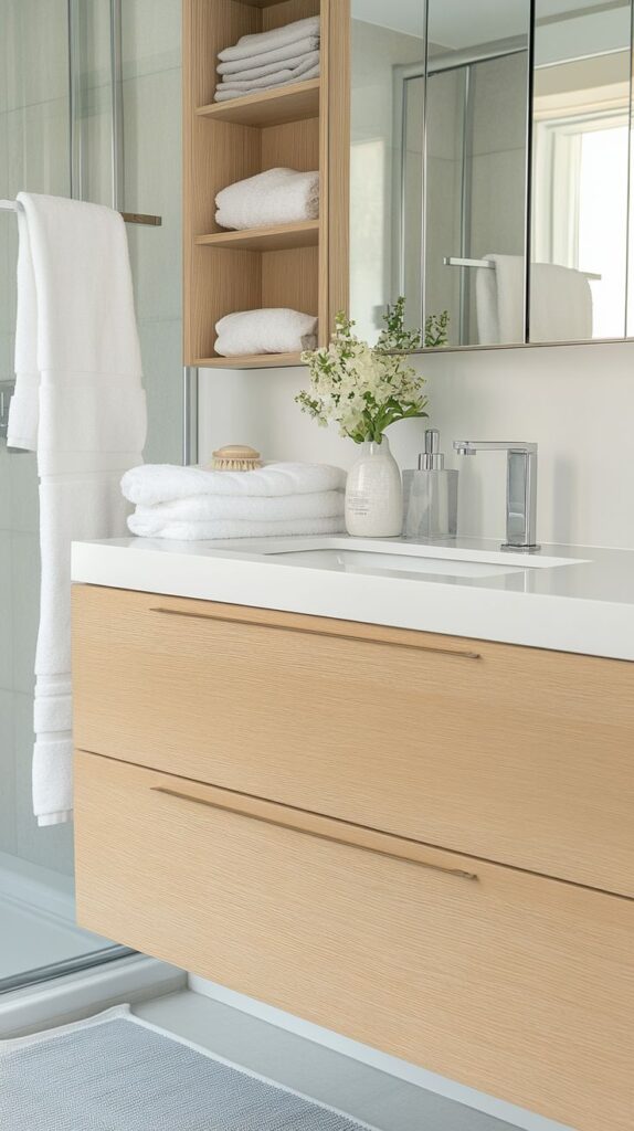 Contemporary Floating White Oak Double-Drawer Vanity with Integrated White Quartz Countertop and Matching Open-Shelving Tower.
