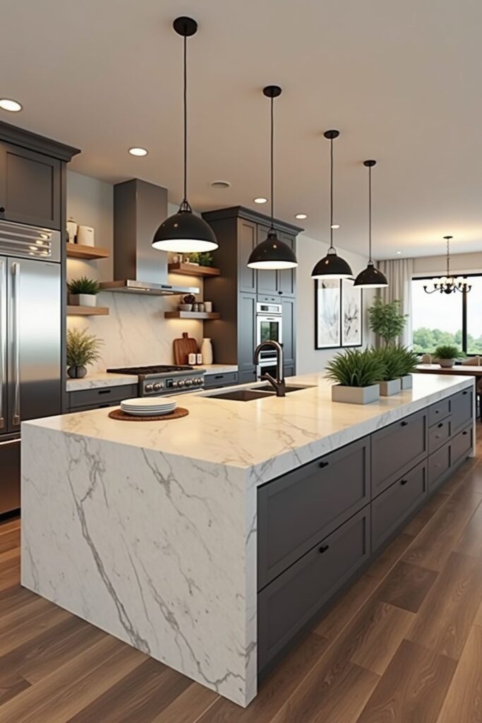 A sophisticated contemporary kitchen featuring a dramatic marble waterfall island that contrasts beautifully with deep charcoal cabinetry and industrial black pendant lighting.