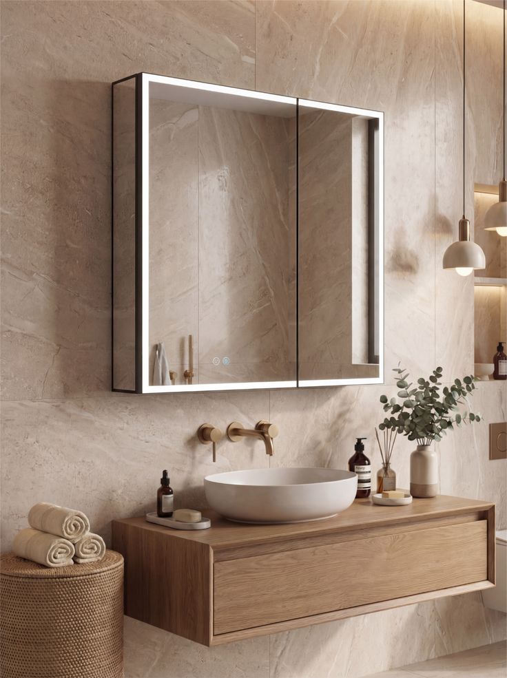 Modern Organic Spa Sanctuary with LED-Illuminated Medicine Cabinet and Floating Oak Vanity.