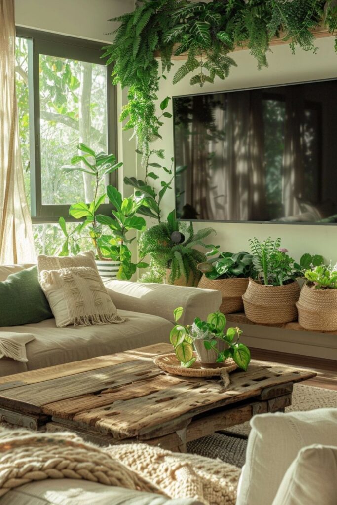  Organic Modern Living Room with Biophilic Greenery and Reclaimed Wood Centerpiece.