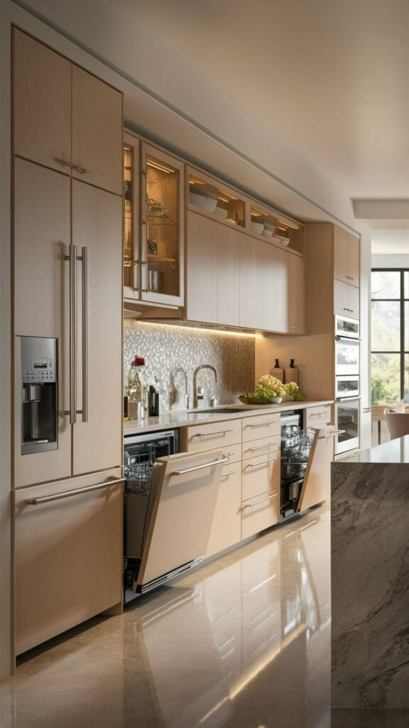 Sleek Modern Kitchen with Warm Timber Cabinets and Integrated Warm-LED Lighting Accents.