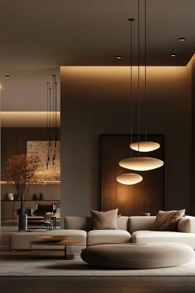 27914d59241c1a8c8c4acbdaf44f51f3 Luxe Organic Living Sanctuary with Sculptural Backlit Accent Wall and Walnut Centerpiece.