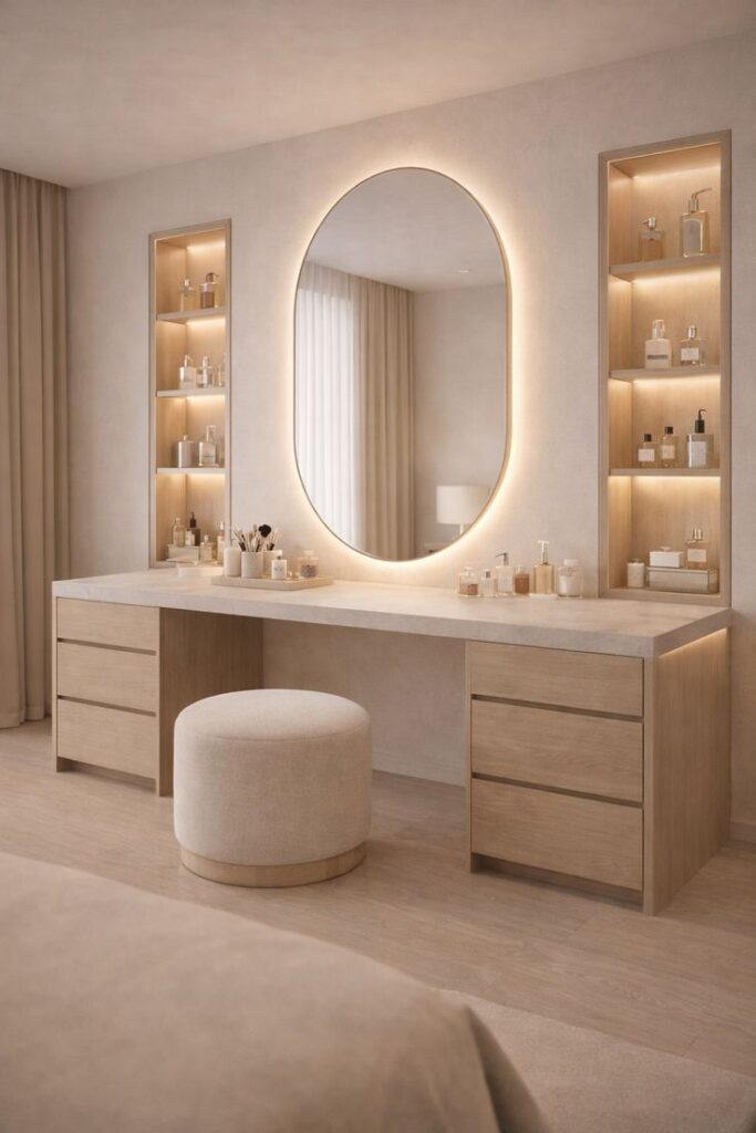 Minimalist Japandi Makeup Vanity with Integrated LED Oval Mirror and Natural Oak Recessed Shelving.