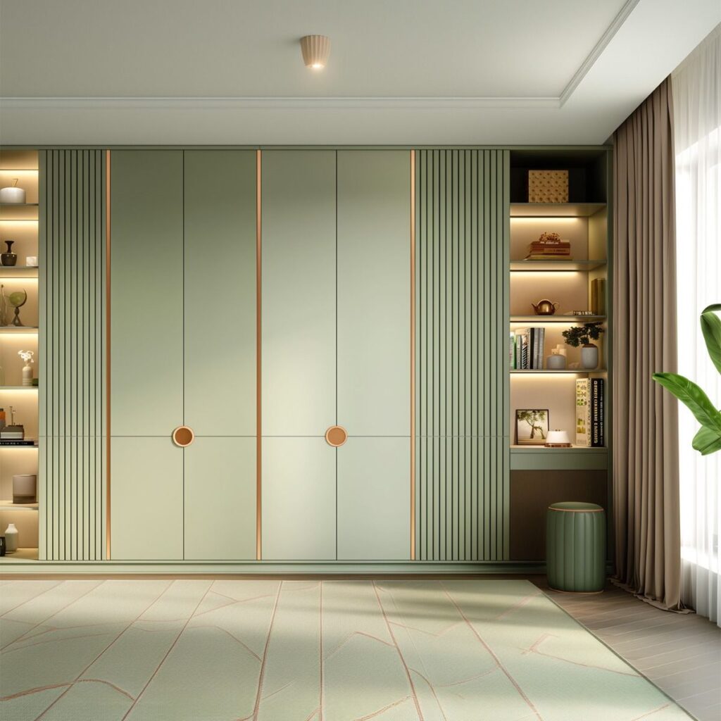 Contemporary Sage Green Modular Wardrobe with Integrated Fluted Accents and Backlit Display Shelves.