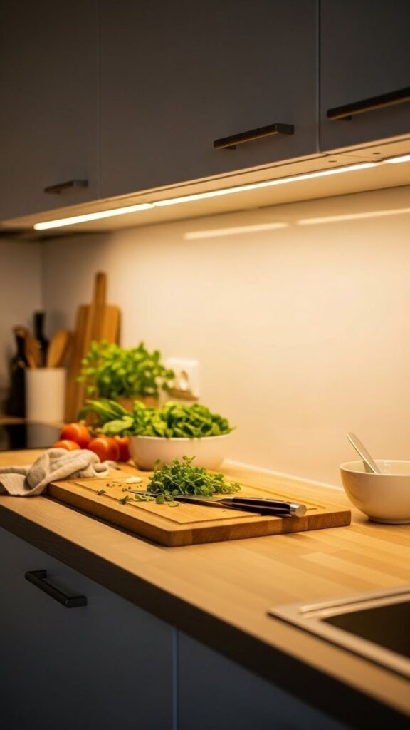 A modern kitchen countertop with warm under-cabinet LED task lighting illuminating a wooden cutting board with freshly chopped herbs and a knife.