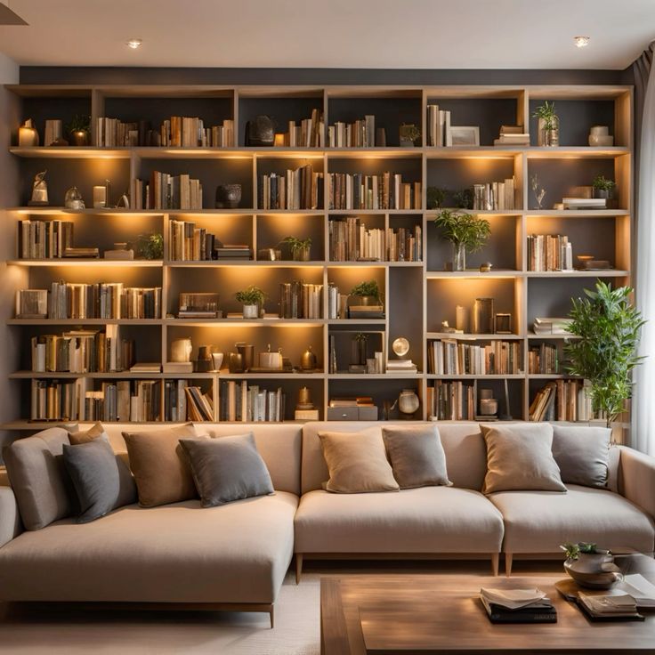 Modern Built-In Architectural Library with Integrated LED Illumination and Bespoke Sectional Lounge Suite.
