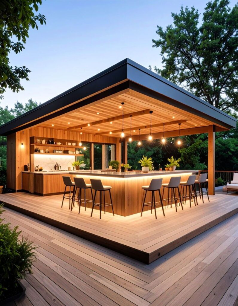 Sleek Contemporary Outdoor Kitchen Pavilion with Integrated LED Lighting and Waterfall Bar Island.