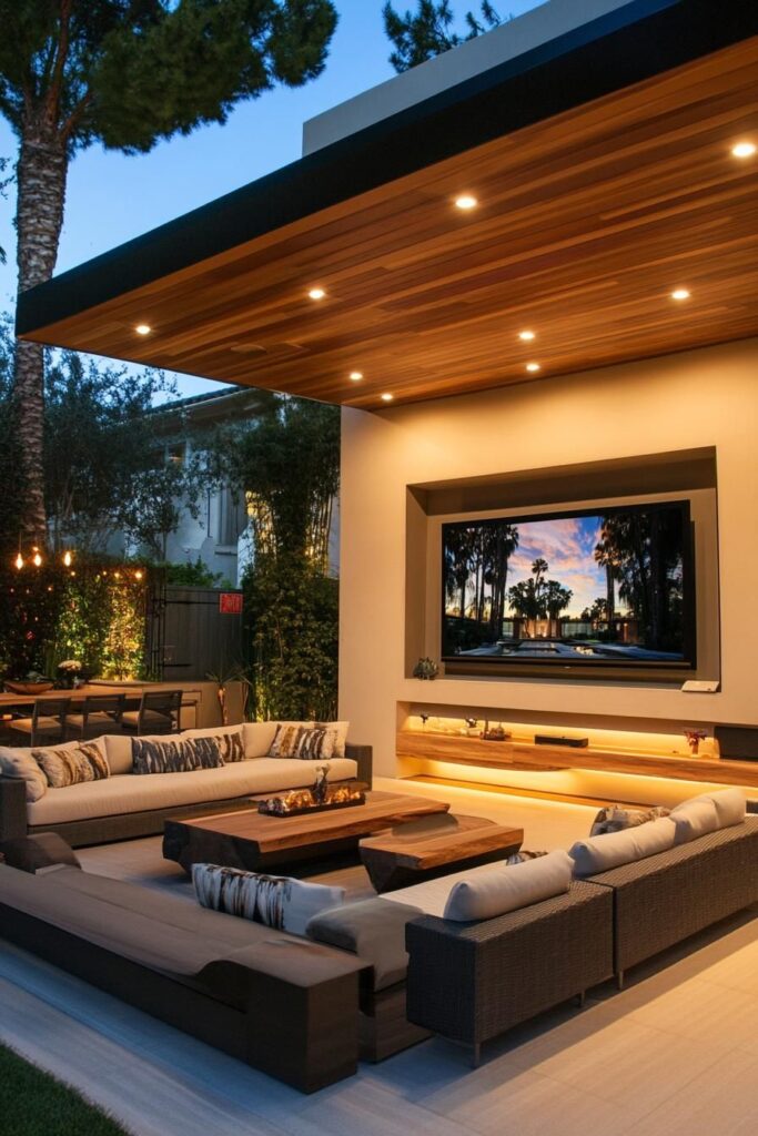 Luxurious Contemporary Alfresco Cinema Lounge with Wood-Paneled Overhang and Sunken Seating Area.