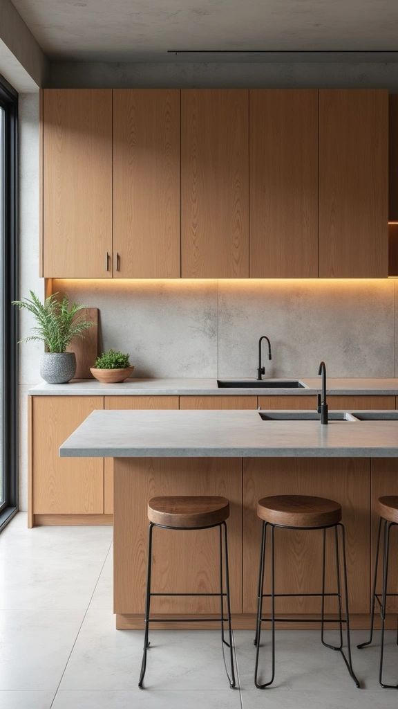 Contemporary Japandi Kitchen with Warm Wood Cabinetry and Soft LED Task Lighting.