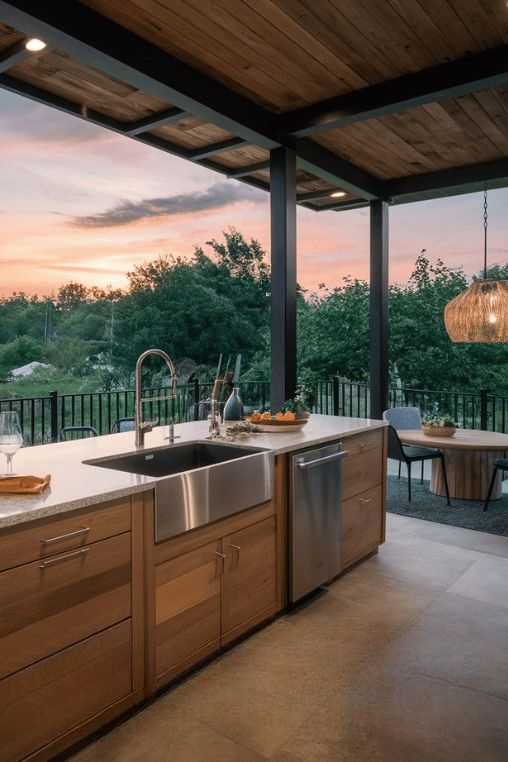 Modern Outdoor Farmhouse Workstation Sink with Stainless Steel Apron Front.