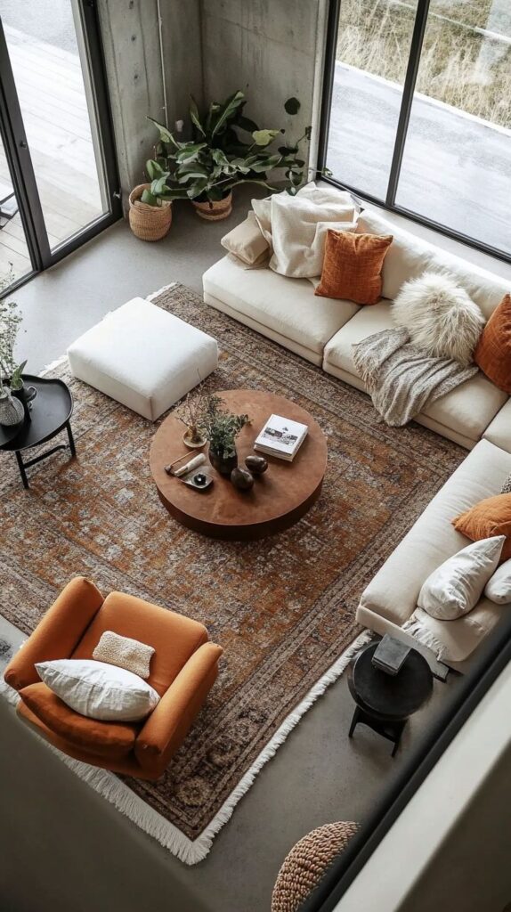 Contemporary Organic Living Room with Terracotta Accents and Layered Global Textiles.