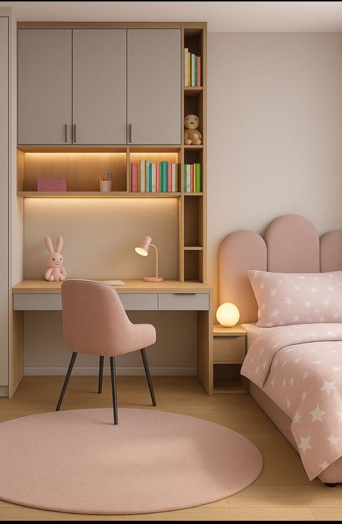 Blush Pink Scandinavian Children's Bedroom Suite with Integrated Study Station and Scalloped Headboard.