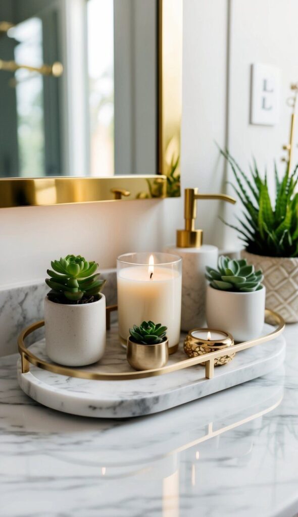 3b3e56d57288c41fcac4cfdb8649c958 Luxurious Marble Vanity Organizer Set with Brass Accents and Scented Spa Elements.