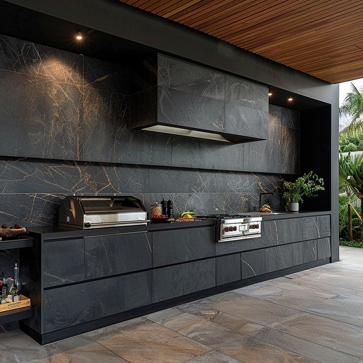 Luxe Linear Outdoor Kitchen with Dekton Laurent Surfaces and Integrated BBQ.