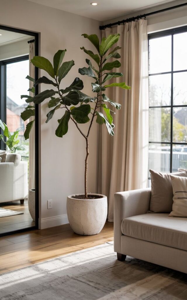 Luxe Organic Modern Living Sanctuary with Statement Fiddle-Leaf Fig and Architectural Black-Framed Mirror.