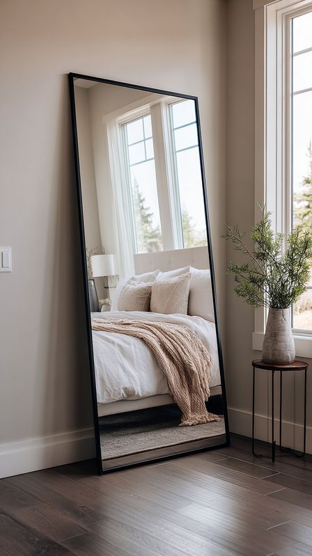 Minimalist Full-Length Floor Mirror with Slim Black Aluminum Frame and Leaning Design.