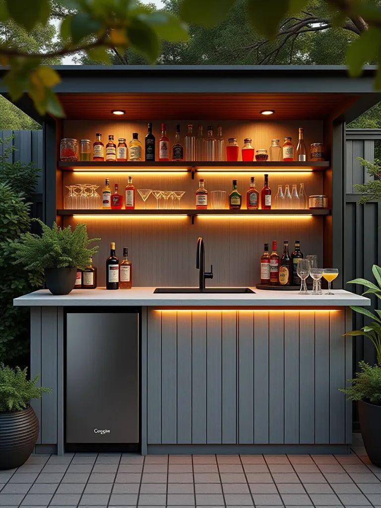 Luxe Minimalist Outdoor Wet Bar with Slat-Front Cabinetry and Warm LED-Accented Floating Shelves.