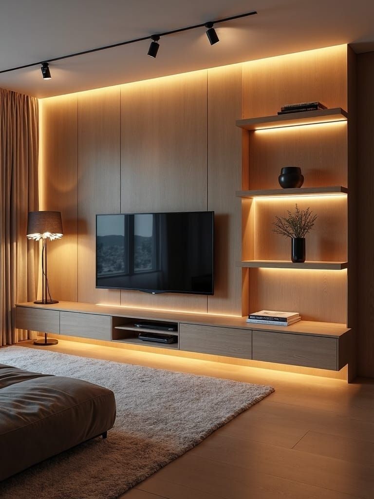 41609b570ebd7e65edfbf1a889c92107 Contemporary Floating Oak Media Console with Integrated Warm LED Backlighting and Architectural Track Lighting.