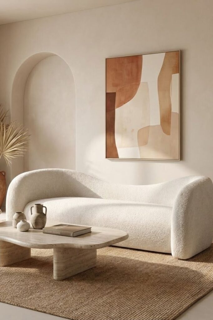 Luxe Organic Modern Living Room with Curved Faux Shearling Sofa and Sculptural Travertine Coffee Table.