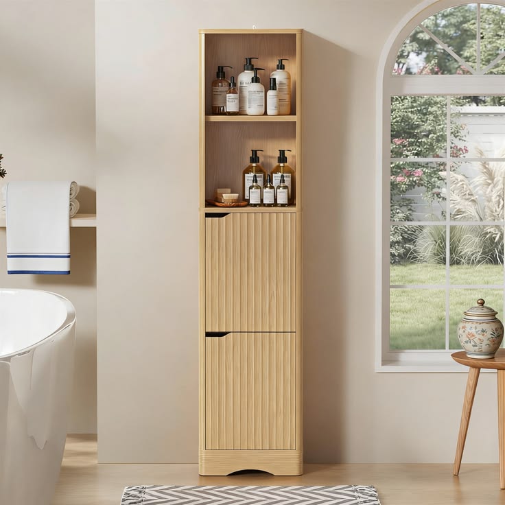 Modern Fluted Natural Oak Linen Tower with Curved Profile and Slim Vertical Storage.