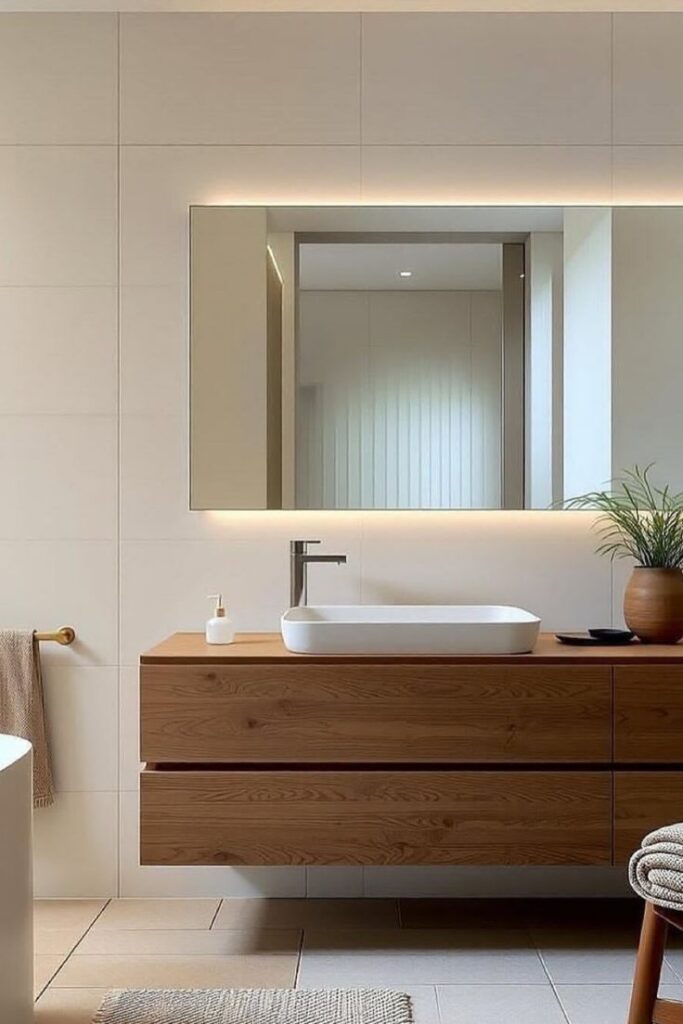 Scandi-Modern Floating Oak Double Vanity with Integrated LED Backlit Mirror and White Vessel Basin.