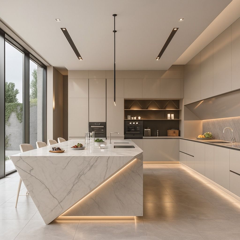 An ultra-modern minimalist kitchen featuring a geometric marble island with integrated warm LED accent lighting that complements the sleek, handle-less taupe cabinetry and expansive floor-to-ceiling windows.