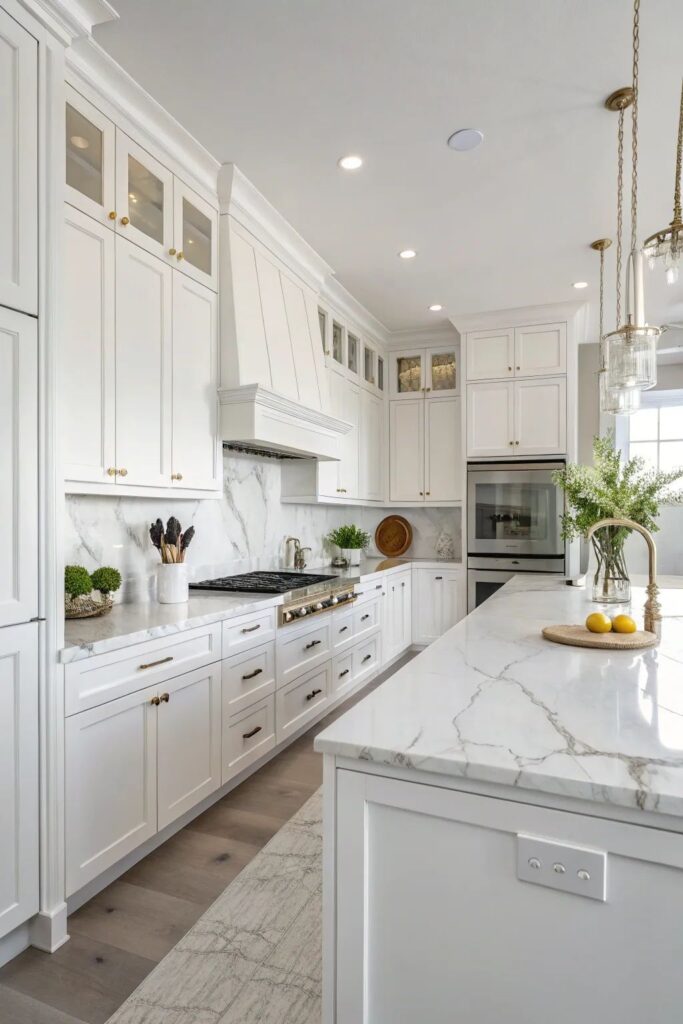 Luxurious Transitional White Kitchen with Marble Waterfall Island and Gold Accents