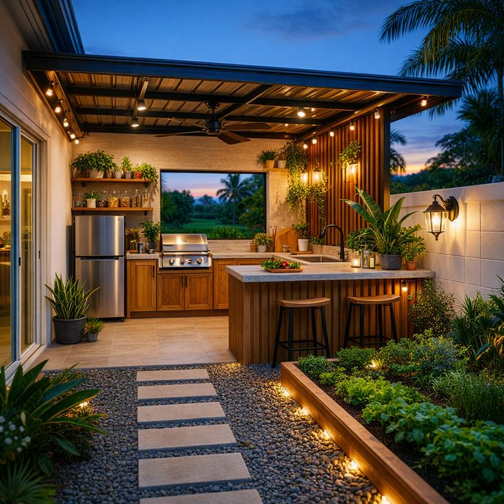 Eco-Modern Outdoor Kitchen Oasis with Integrated Herb Garden and Ambient String Lighting.