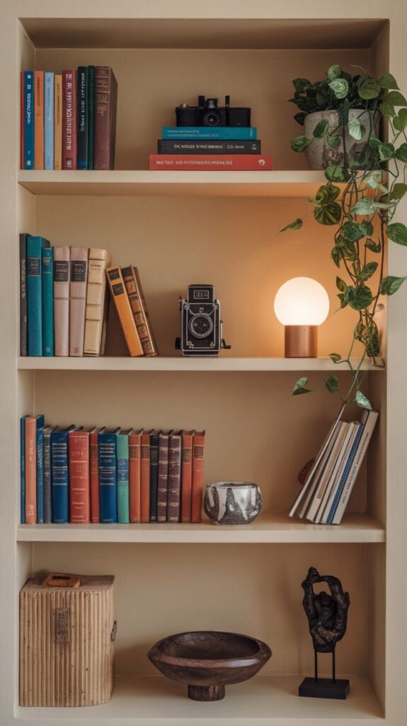 Curated Collector's Built-in Library with JWDA Portable Table Lamp and Vintage Camera Accents.