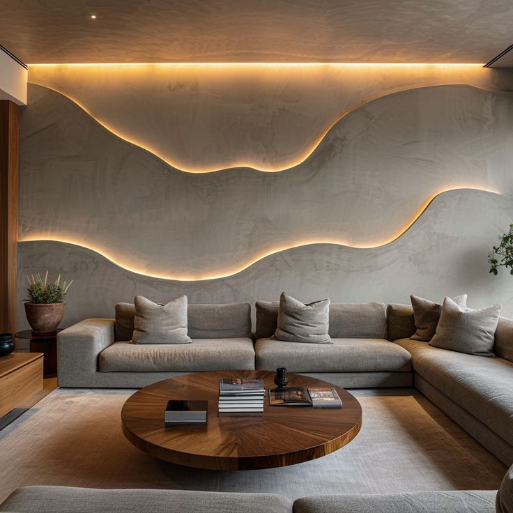4f5f39d8e215d66af0c4063b4c8c9af4 Organic Modern Living Sanctuary with Sculptural Backlit Accent Wall and Walnut Centerpiece.