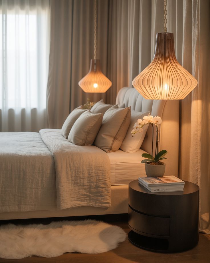 Luxe Organic Modern Bedroom with Fluted Wood Pendant Lights and Soft Linen Bedding.