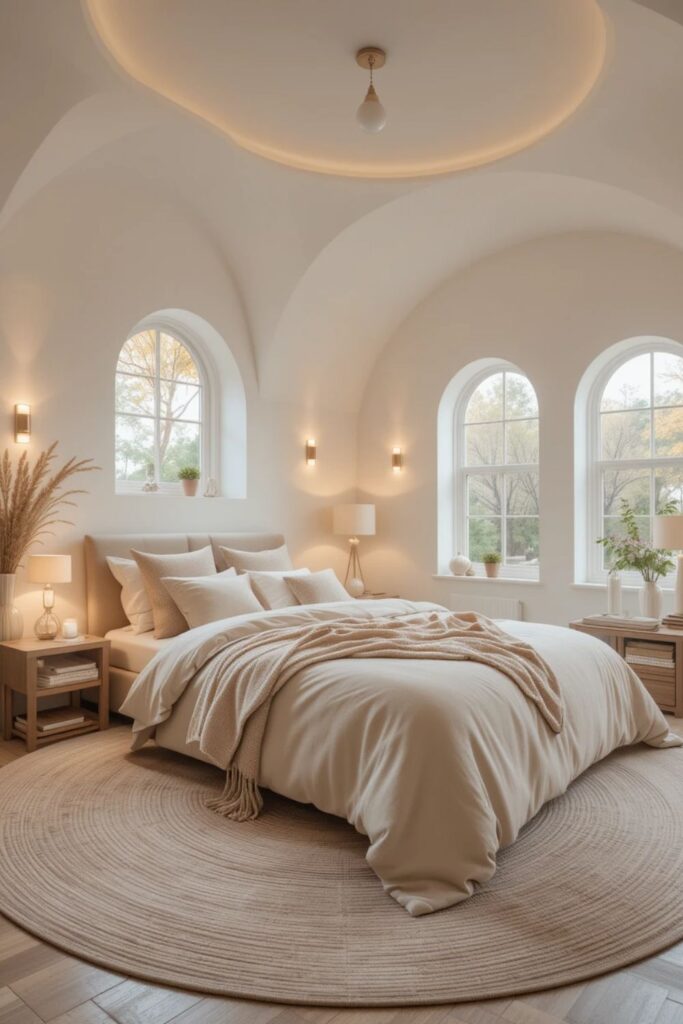 Serene Ivory Sanctuary with Arched Windows, Vaulted Ceilings, and Circular Jute Textures.
