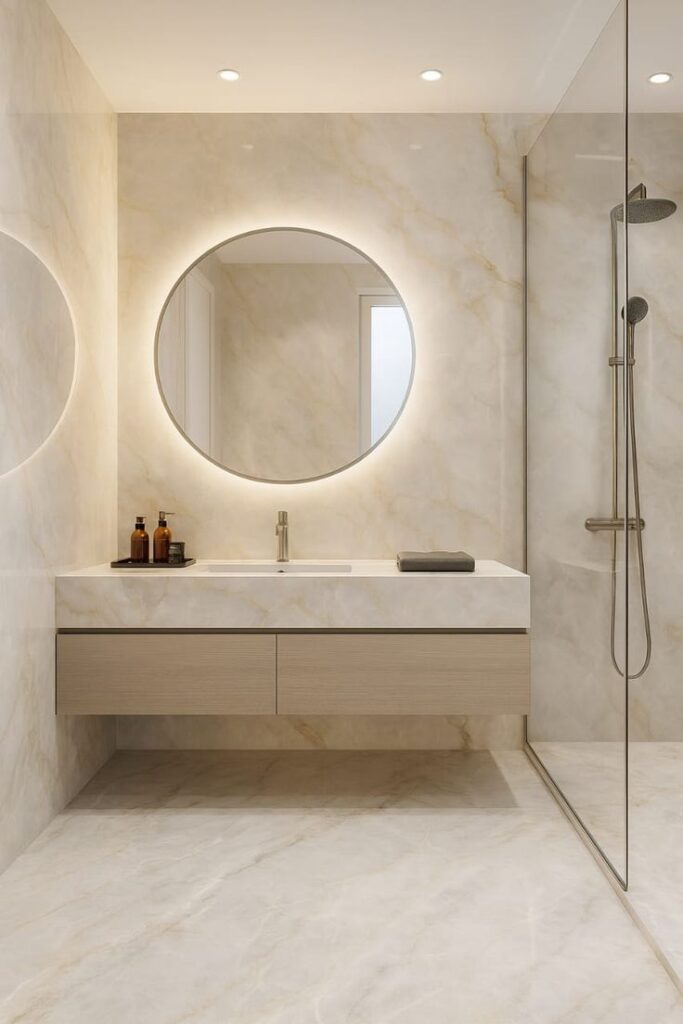 Luxe Ivory Marble Bathroom Suite with Backlit Circular Mirror and Floating Oak Vanity.