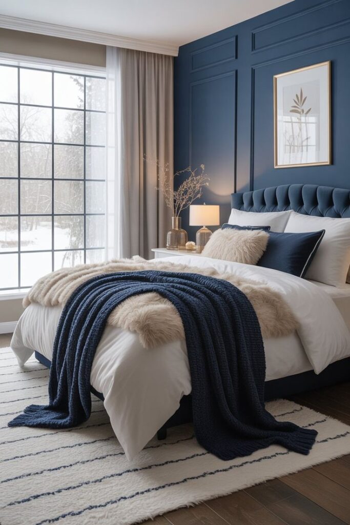 Luxe Midnight Blue Sanctuary with Tufted Velvet Headboard and Architectural Picture Frame Molding.