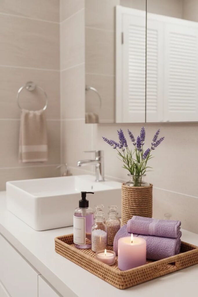 592901513281f5ae638ebc27ac815bd9 Serene Lavender Spa Sanctuary Tray with Scented Candles and Hand-Woven Rattan Base.