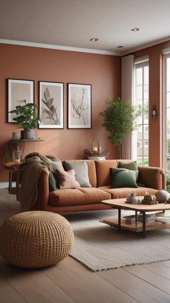 Warm Terracotta Living Sanctuary with Rust Velvet Sofa and Hand-Woven Jute Pouf.