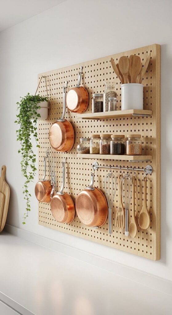 A functional and aesthetic wooden pegboard organizer mounted on a white wall, featuring neatly arranged copper pans, wooden utensils, glass spice jars on small shelves, and a cascading potted plant
