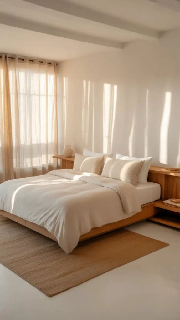 Minimalist Japandi Platform Bed Suite with Integrated Oak Wrap-Around Headboard Shelf.