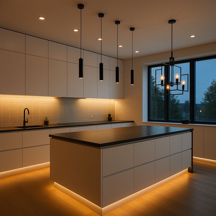 Minimalist Modern Kitchen with Layered Warm Accent Lighting and Matte Black Fixtures