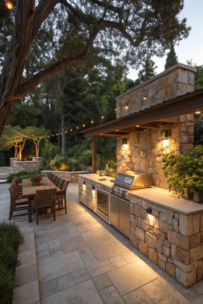 Rustic-Modern Stone Outdoor Kitchen with Integrated Gas Grill and Ambient String Lighting.