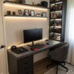 Cozy home office with warm lighting, plush textiles, and inviting workspace decor